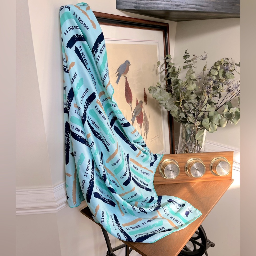 U.S. Polo Assn. Aqua/ Navy/Beige Brushstroke Pattern Silky-Touch Scarf 34”